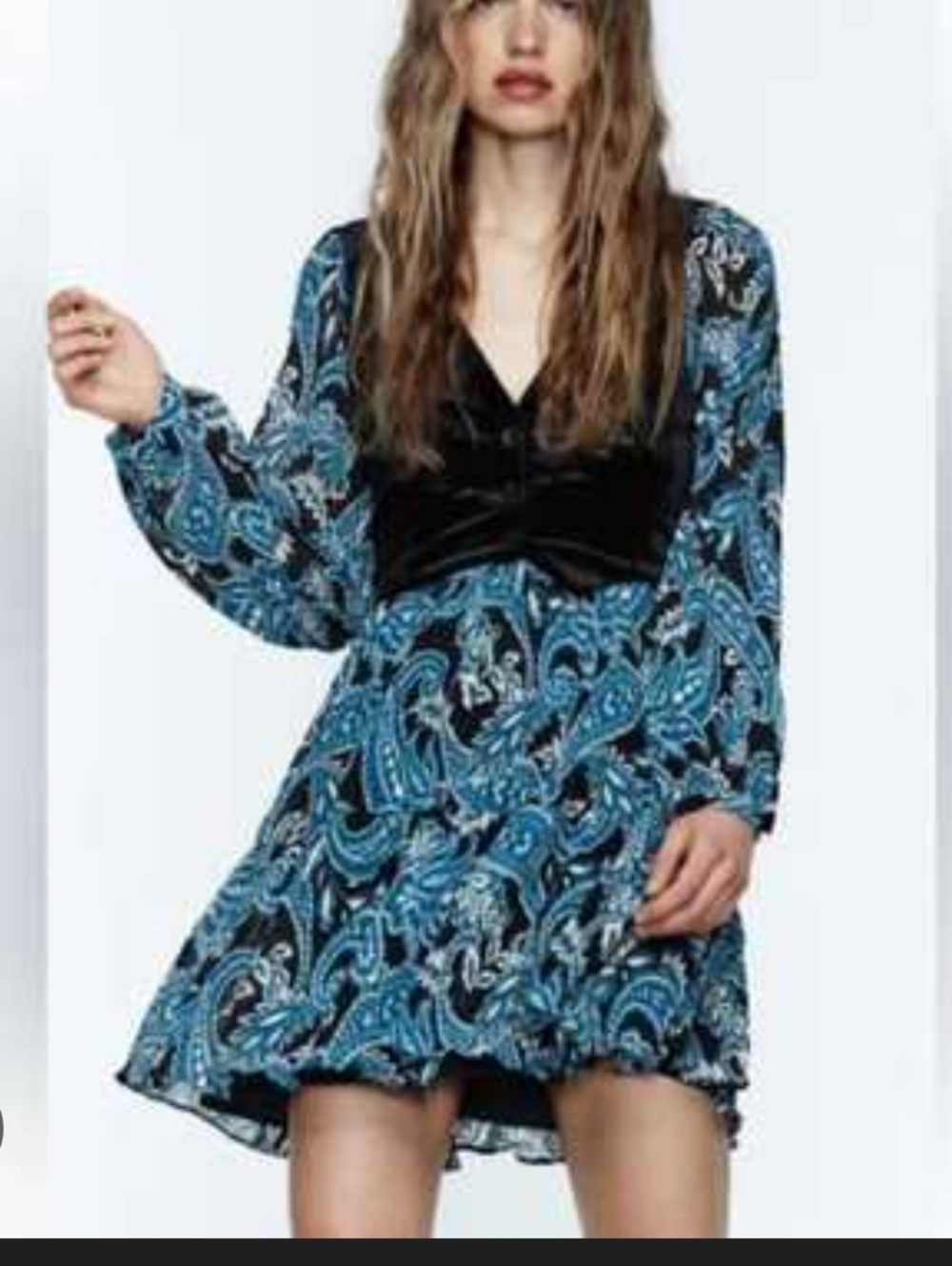 Zara Black Velvet Bodice Blue Paisley Long-Sleeve Tiered Dress